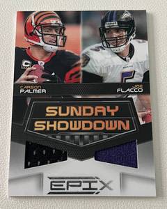 lot 310 image: Carson Palmer  Joe Flacco Dual Jersey Relic 200 - 2010 Epix Sunday Showdown numbered 138200 rare only 200 made football card