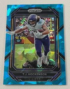 lot 313 image: TJ Hockensen Cracked Ice Refractor 99 - 2022 Prizm #100 numbered 1999, very rare only 99 made, Minnesota Vikings Football Card