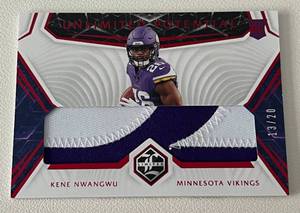 lot 334 image: Kene Nwangwu Jersey Relic RC 20 - 2021 Unlimited Potential #UP-KN, Dual Color Patch numbered 1320, super rare onlt 20 made, Minnesota Vikings Football Card