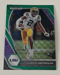 lot 338 image: Justin Jefferson Green Wave Refractor Prizm - 2021 Prizm Draft Picks #56 Minnesota Vikings Football Card
