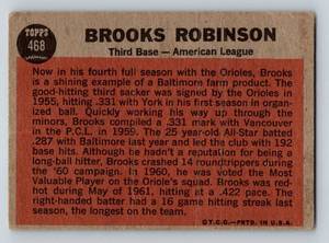 lot 35 image: 1962 Topps Brooks Robinson # 468 Sporting News Vintage Baseball Card