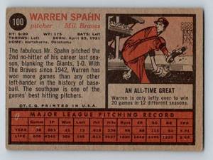 lot 36 image: 1962 Topps Warren Spahn #100 Vintage Baseball Card
