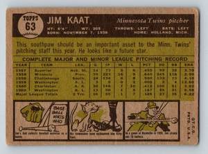 lot 41 image: Jim Kaat 1961 Topps 2nd Year #63 Vintage Minnesota Twins Baseball Card
