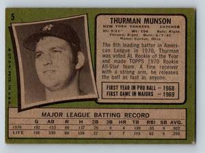 lot 51 image: Thurman Munson RC - 1971 Topps # 5 Vintage Baseball Rookie Card