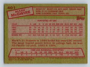 lot 57 image: Mark McGwire RC - 1985 Topps #401 Team USA Rookie Vintage Baseball Card