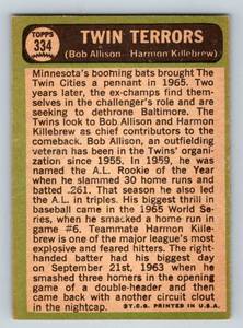 lot 58 image: Harmon Killebrew  Bob Allison 1967 Topps # 334 Twin Terrors Vintage Baseball Card