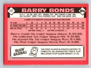 lot 121 image: Barry Bonds RC - 1986 Topps Traded # 11T Vintage Rookie Baseball Card