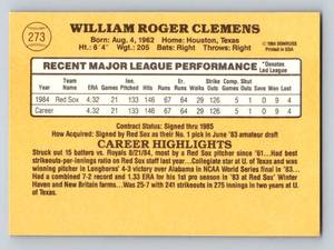 lot 122 image: Roger Clemens RC - 1985 Donruss #273 Rookie Vintage Baseball Card