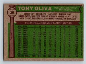 lot 141 image: Tony Oliva 1976 Topps # 35 Vintage Minnesota Twins Baseball Card