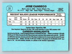 lot 163 image: Jose Canseco RC - 1986 Donruss #39 Rated Rookie Vintage Baseball Card