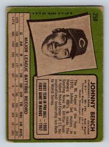 lot 167 image: Johnny Bench 1971 Topps # 250 Vintage Baseball Card