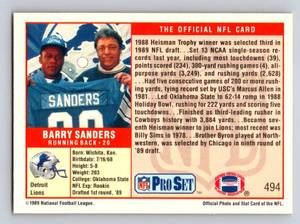lot 257 image: Barry Sanders RC 1989 Pro Set #494 Vintage Football Card