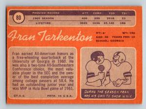 lot 294 image: Fran Tarkenton 1970 Topps #80 Vintage Minnesota Vikings Football Card