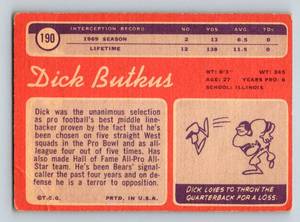 lot 297 image: Dick Butkus 1970 Topps #190 Vintage Football Card