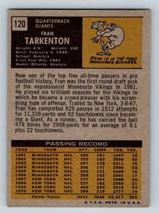 lot 317 image: Fran Tarkenton 1971 Topps #120 Vintage Minnesota Vikings Football Card