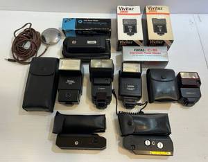 lot 18 image: Group Of Vintage Camera Flashes, Vintage Personalized Speaker (MADE IN ST. PAUL MINNESOTA) And More