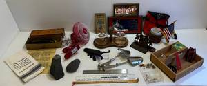 lot 37 image: Misc. Vintage Items Including 10K Pin, Unique Cast Iron Bug BootJack, Vintage Carnival Prize Mirrors (Budweiser Needs Frame Fixed)  And More