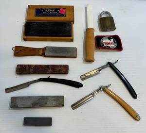 lot 47 image: Group Of Misc. Including Vintage Straight Razors, Oil Stones And More