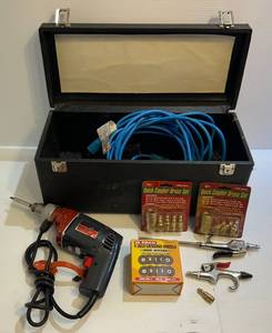 lot 154 image: Old Tool Box With Misc. Tools Including Drill And More