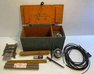 lot 155 image: Vintage Wood Tool Box With Misc. Gauges, Tools And More