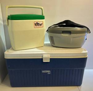 lot 175 image: Three Coolers Thermos Brand 104 Large Cooler, Oscar By Coleman And Small Electrc Car Seat Cooler