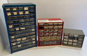 lot 179 image: Three Multi Drawer Storage Bins With Misc. Hardware