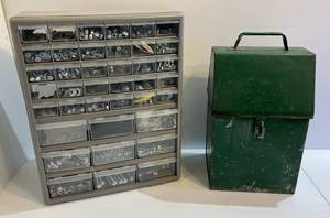 lot 180 image: 1 Multi Drawer Storage Bin With Misc. Hardware & Vintage Metal Brush Cleaning Box