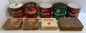 lot 224 image: Group Of Vintage Folgers Metal Coffee Cans And Misc. Cigar Boxes