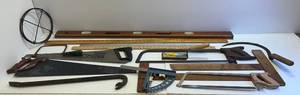 lot 230 image: Large Group Of Vintage Saws (1 Bakelite Handle) And Tools Including Wood & Brass Level And More