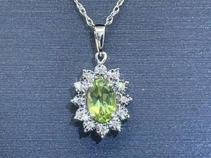 Oval Cut Peridot & Diamond Miracle Halo Cluster Pendant Necklace in White Gold