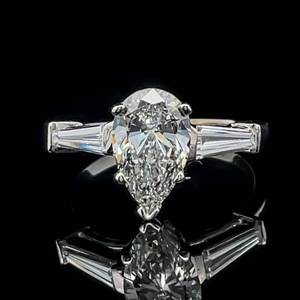2.21 Carat Diamond Three-Stone Pear & Baguette Harry Winston Style Ring in 14k White Gold w IGI Certification $8,500 Retail VIDEO