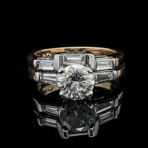 1.31 Carat Natural Diamond Round Brilliant & Baguette Engagement Ring & Wedding Band Set in 14k Yellow & White Two-Tone Gold w Gem Scan International Certification, Replacement Value $8,800 VIDEO