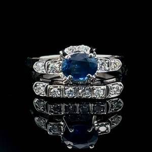 1.26 Carat Blue Sapphire Oval Solitaire & Diamond Vintage Wedding Ring 2-Piece Set in 14k White Gold $2,450 Retail VIDEO