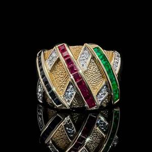 Natural Emerald, Blue Sapphire & Ruby Criss Cross Basketweave Dome Ring in 14k Yellow Gold $2,550 Retail VIDEO