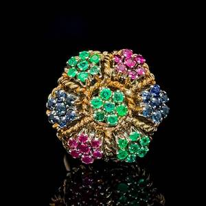 Natural 1.43 Carat Emerald, Blue Sapphire & Ruby Blooming Flower Hibiscus Bouquet Ring in 18k Yellow Gold w Independent Appraisal $2,550 Retail VIDEO