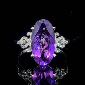 Elongated Oval Amethyst Solitaire & Diamond Vintage Style Ring in 14k White Gold VIDEO