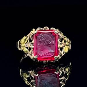 Very Unique Estate Find  Old Carved Roman Portrait in a Red Gem - Filigree Formal Garden Ring in Yellow Gold VIDEO