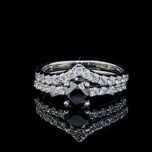 1.25 Carat Fancy Black & White Diamond Engagement Ring & Wedding Band Bridal Ring Set in 14k White Gold, Stunning Chevron V-Shaped Design