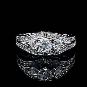 1.10 Carat Diamond Round Brilliant Three-Stone Double Row Cluster Wedding Bridal Ring in 14k White Gold, Peek-a-Boo Openwork Scrolling Heart & Ribbon Design $2,899 Retail