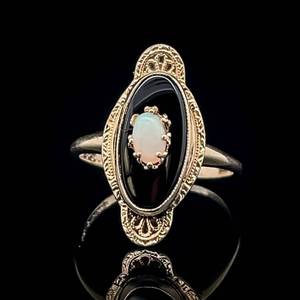 Vintage Estate Find White Opal & Black Onyx Crown Milgrain Estate Ring in Yellow Gold