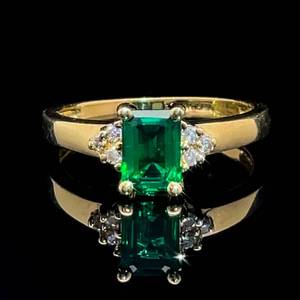 Spectacular Lab Created Green Emerald & Diamond Ring in 14k Yellow Gold