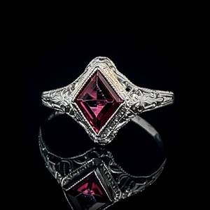 Antique Estate Find Ruby Solitaire Art Deco Engraved Filigree Flower Basket Top Ring in White Gold