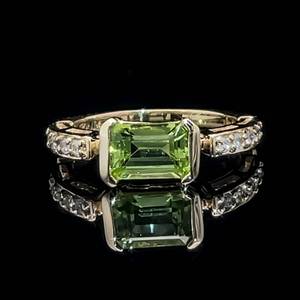 Designer Sonia B Peridot Solitaire & Diamond East-West Ring in 14k Yellow Gold.