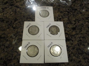 Lot of (5) Barber Silver Quarters Including 1899-P, 1908-O, 09-P, 12-P, and 16-D