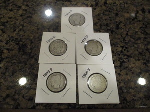 Lot of (5) Barber Silver Quarters Including 1899-P, 1909-S, 13-D, 14-P, and 16-D