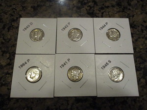 Lot of (6) Silver Dimes - Mercury 1941-1945 and a 1964-P Roosevelt Dime
