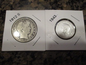 1912-S Barber Silver Half Dollar and 1943 Canadian Silver Quarter
