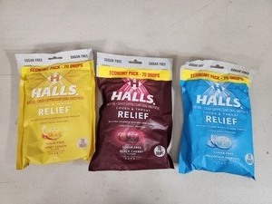 3 New Economy Sized Bags of Halls Cough Drops