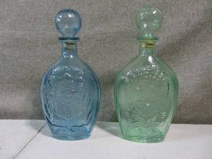lot 15 image: 2 VINTAGE LORD CALVERT GLASS DECANTERS FRIENDSHIP LIBERTY & STOPPER BLUE GREEN
