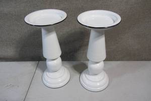 lot 28 image: Set of 2 White Enamel Candle Holders
